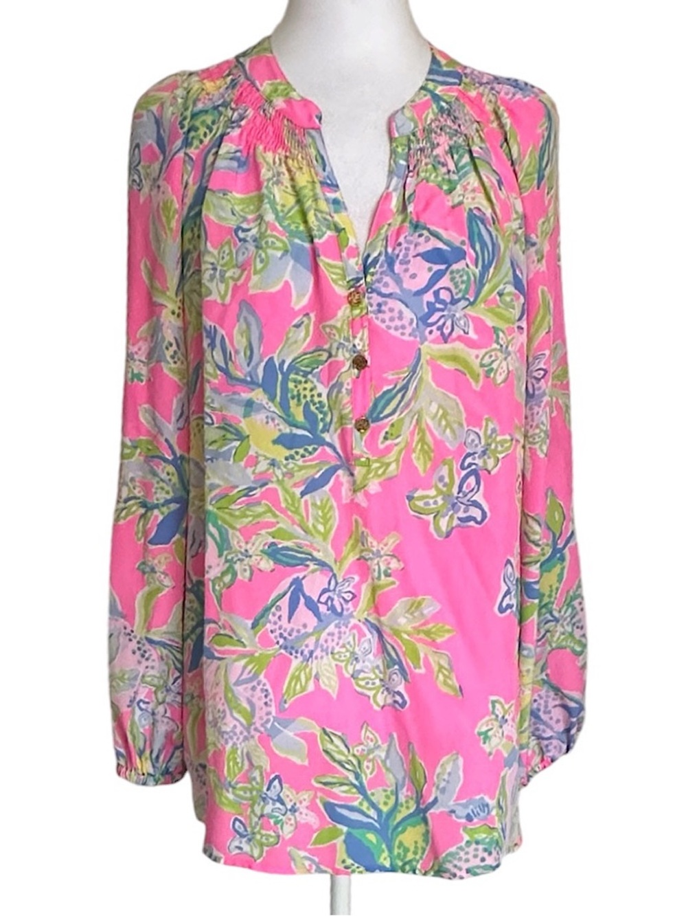 Lilly Pulitzer Elsa Top Squeeze The Day 100% Silk Vibrant Floral Print Sz M